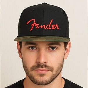 NWT Fender Black Hat Red Logo Camouflage Brim Flatbill SnapBack Hat, One Size